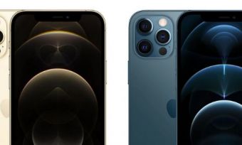 Two iPhone 12 Pro Max phones in Gold and Blue