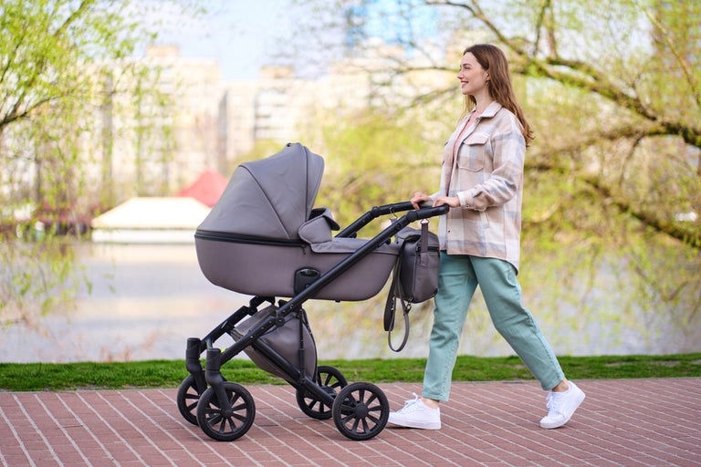 Mother pushing pram in a park