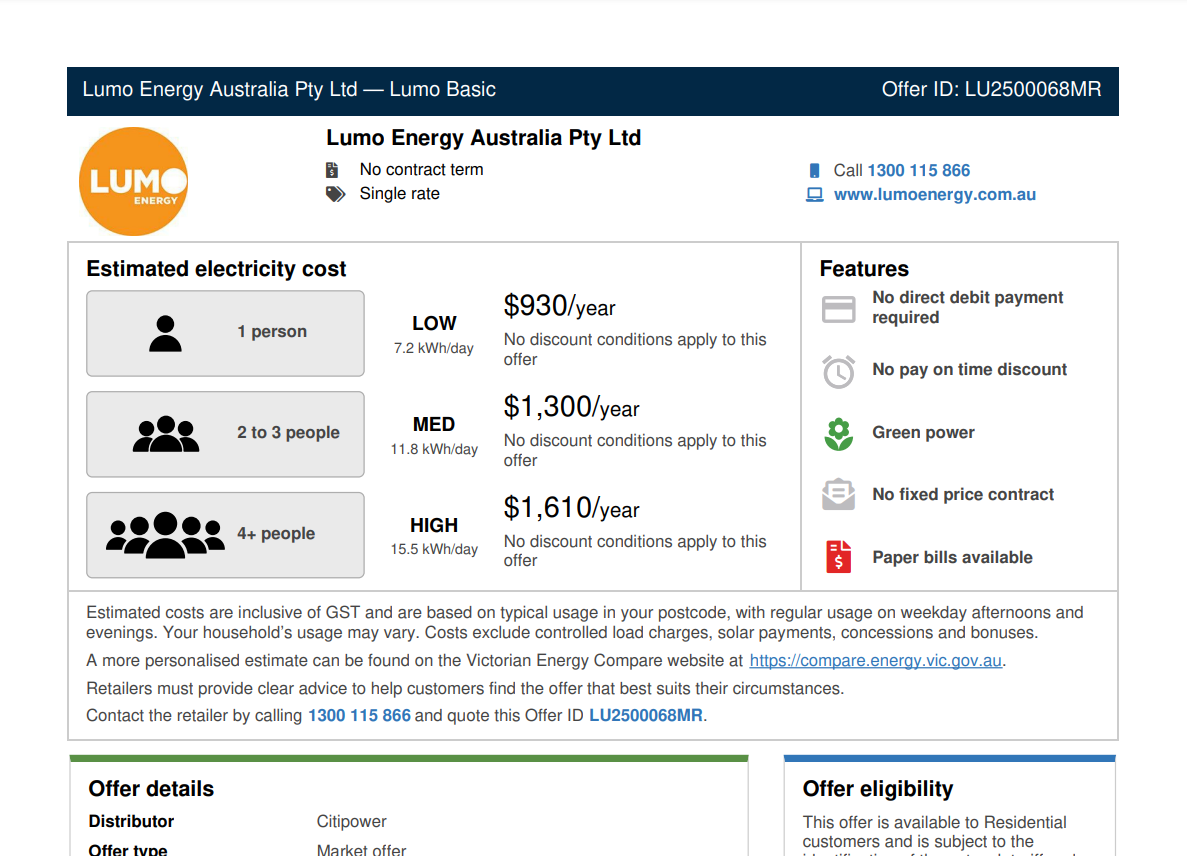 Lumo energy fact sheet
