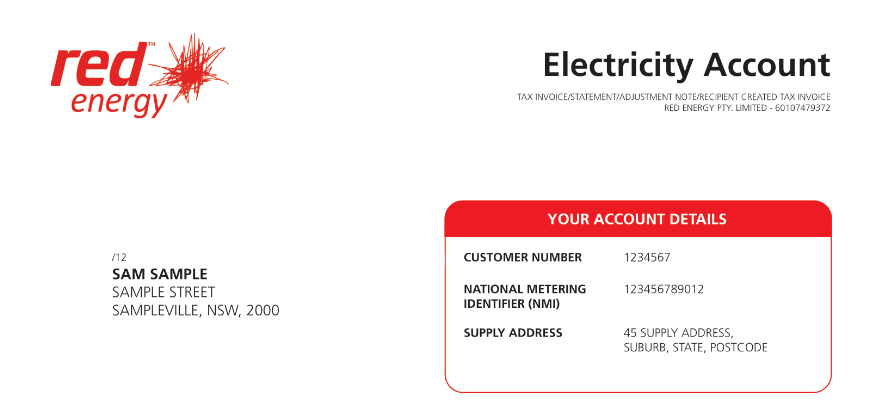 NMI number on sample electricity bill