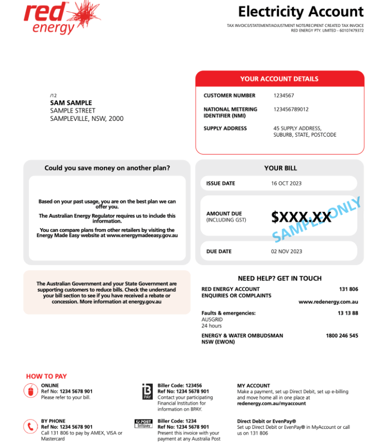 Red Energy utility bill example