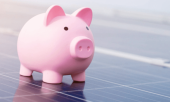 Solar panel rebates in Australia. Piggy bank on solar panels.