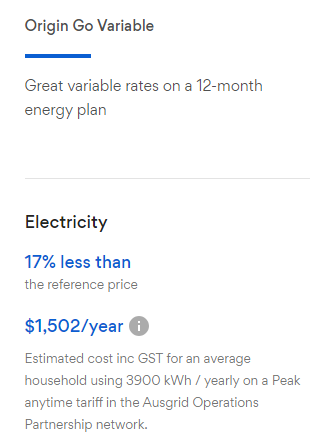 Origin electricity plan showing comparison to reference price