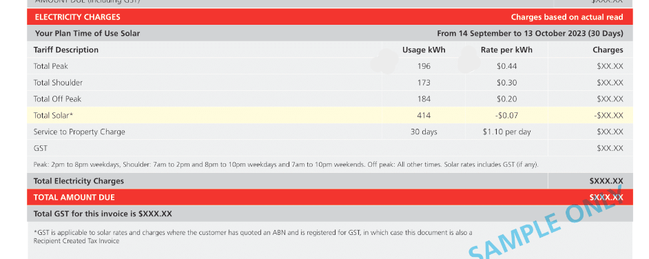 Electricity bill with peak and off peak charges