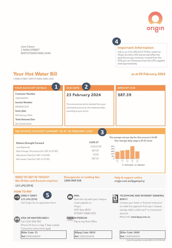 Origin hot water bill